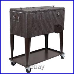 Clevr Outdoor Patio Rolling Cooler 80 Qt Wicker Ice Beer Chest Cart Brown Rattan