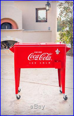 Coca Cola Cooler 80 Qt Includes Bottle Opener Cap Catcher Rolling Serving Cart