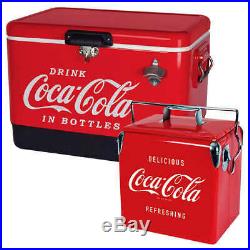 Coca-Cola Ice Chest Cooler Combo 54 Qt Stainless Steel 13.7 Qt Retro Lock Handle