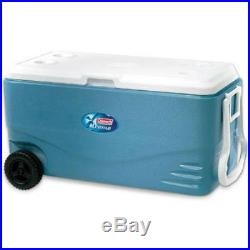 Coleman 100-Qt Storage Ice Chest Cooler Picnic Outdoor Blue White Wheels New