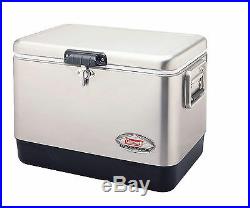 Coleman 54 Qt. Cooler Steel Belted Stainless Metal Ice Chest Leak Resistant Box