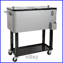 Cooler Cart 80 Qt Outdoor Patio Double Lid Silver and Black Steel by HIO New