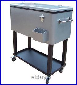 Cooler Ice Chest Cart 80 Qt Outdoor Bar Patio Rolling Party Beverage Table Gray
