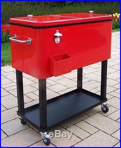 Cooler Patio 80-Qt Ice Chest Red Steel Construction Powder Coated 4 Wheels Party