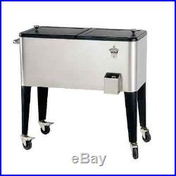 Cooler Rolling 80 Qt Patio Ice Outdoor Cart Chest Portable Stainless Steel New