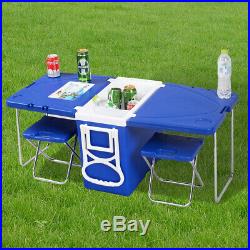 Cooler Table 2 Chair Multi Functional Rolling Picnic Camp Outdoor Furniture Blue