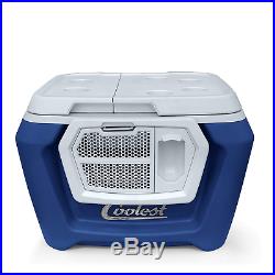 Coolest Cooler 60 Quart, Blue Moon Premium ice Chest with Bluetooth Speaker, tie