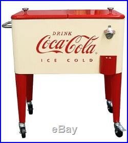 Cream Red 60 Qt Coca-Cola Rolling Party Deck Cart Wheels Beverage Tub Cooler Ice