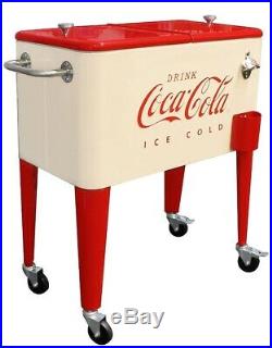Cream Red 60 Qt Coca-Cola Rolling Party Deck Cart Wheels Beverage Tub Cooler Ice