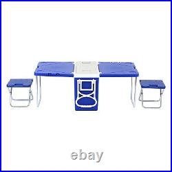 Foldable Multi Function Rolling Cooler Table Blue Picnic Camping Party Withchair2