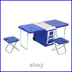 Foldable Multi Function Rolling Cooler Table Blue Picnic Camping Party Withchair2