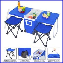 Foldable Table & 2 Fishing Chair Wheeled Cooler with Multi-Function Rolling Cool