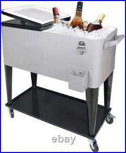 Gray 80QT Rolling Cooler Cart Ice Chest for Outdoor Patio Deck Party