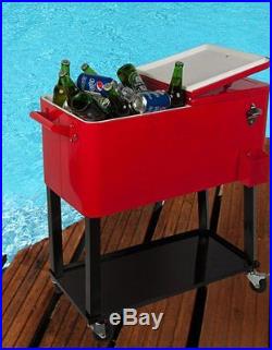 HIO 73 Qt Outdoor Patio Cooler Table On Wheels, Rolling Cooler With Shelf, Red
