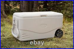 Heavy Duty Cooler Wheel White 100 Quart Seat Lid Cups Outdoors Portable Carrying