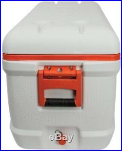 IGLOO Chest Cooler 150 Qt. Built-in Cup Holder Durable Heavy-Duty White Orange