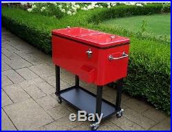 Ice Cooler with Wheels Chest Cart Red 80 Qt. Steel Garden Patio Storage