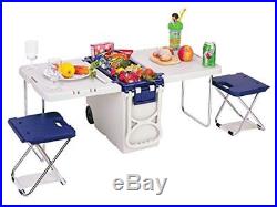 Multi-Function Insulated Rolling Cooler Table with 2 BONUS Foldable Stool Chairs