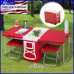 Multi Function Rolling Cooler Box Folding Picnic Camping Outdoor Table + 2 Chair