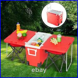 Multi Function Rolling Cooler Picnic Camping Outdoor Table 2 Chairs Red US New