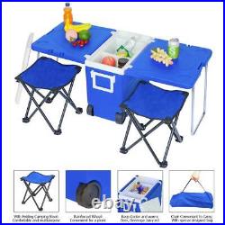 Multi Function Rolling Cooler Picnic Camping Outdoor Table 2 Chairs Set Drink