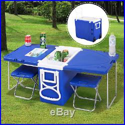 Multi Function Rolling Cooler Picnic Camping Outdoor with Table & 2 Chairs Blue