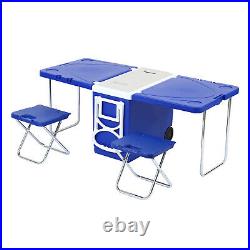 Multi Function Rolling Cooler Picnic Camping Outdoor with Table & 2 Chairs Blue