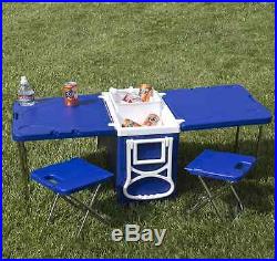 Multi Function Rolling Cooler Table 2 Chairs Outdoor Picnic Beach Camping Party