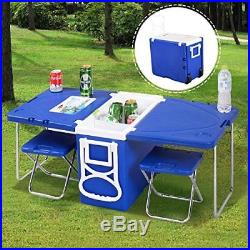 Multi Function Rolling Cooler Table 2 Chairs Outdoor Picnic Beach Party Camping