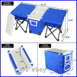 Multi-Function Rolling Cooler Table Warmer Picnic Beach Camping with 2 Stools