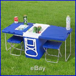 Multi Function Rolling Cooler With Table And 2 Chairs Picnic Camping Outdoor
