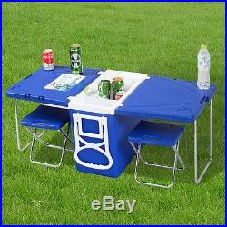 Multi Function Rolling Picnic Cooler With Table And 2 Chairs Camping Outdoor New