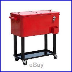 NEW 80 QT Rolling Ice Chest Portable Patio Party Drink Cooler Cart Red