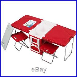 New Multi Function Rolling Cooler Picnic Camping Outdoor with Table & 2 Chairs Red