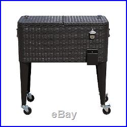 Outdoor 80QT Portable Rolling Patio Rattan Ice Chest Party Cooler Cart Brown