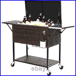 Outdoor 80 QT Rattan Rolling Cooler Cart with Ice Beer Beverage Chest Cool Box