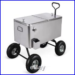 Outdoor 80 Qt Portable Beach Party Backyard Patio Cooler Wagon, Stainless Steel