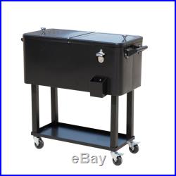 Outdoor 80 Quart Portable Rolling Patio Steel Party Cooler Cart Ice Chest Black