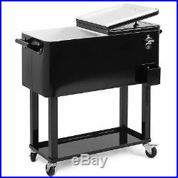 Outdoor 80 Quart Portable Rolling Patio Steel Party Cooler Cart Ice Chest Black