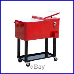Outdoor 80 Quart Portable Rolling Patio Steel Party Cooler Cart Ice Chest Red