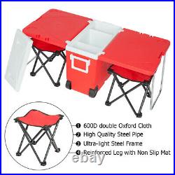 Outdoor Camping Picnic Multifunction Rolling Cooler With Table And 2 Chairs Red