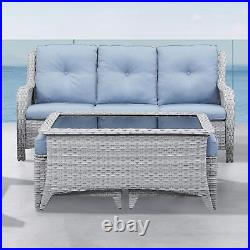 Outdoor Coffee Table with Tempered Glass Top Patio Rectangular Light Grey Wicker