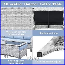 Outdoor Coffee Table with Tempered Glass Top Patio Rectangular Light Grey Wicker