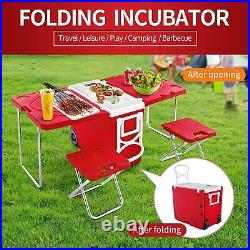 Outdoor Multi Function Rolling Cooler With Table And 2 Chairs Picnic Camping Red