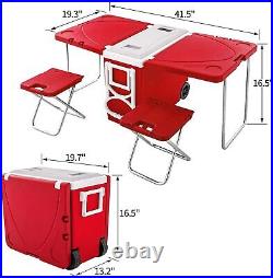 Outdoor Multi Function Rolling Cooler With Table And 2 Chairs Picnic Camping Red