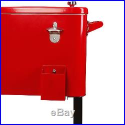 Outdoor Patio 80 Quart Cooler Beer Cart Rolling Party Steel Ice Chest Cart Red