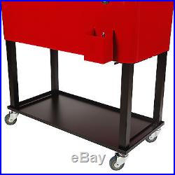 Outdoor Patio 80 Quart Cooler Beer Cart Rolling Party Steel Ice Chest Cart Red
