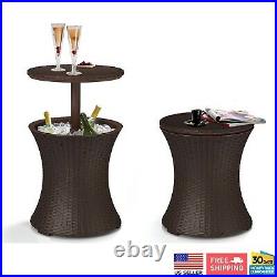 Outdoor Patio Bar Table Pool Deck Drink Ice Cooler 7.5 Gal Rattan Style Brown