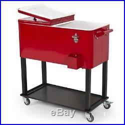 Outdoor Patio Party Portable Rolling Cooler Cart Solid Steel Ice Chest 65 Quart