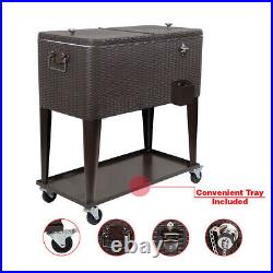Outdoor Patio Rolling Cooler Cart 80 Qt Wicker Ice Chest Beverage Brown Rattan